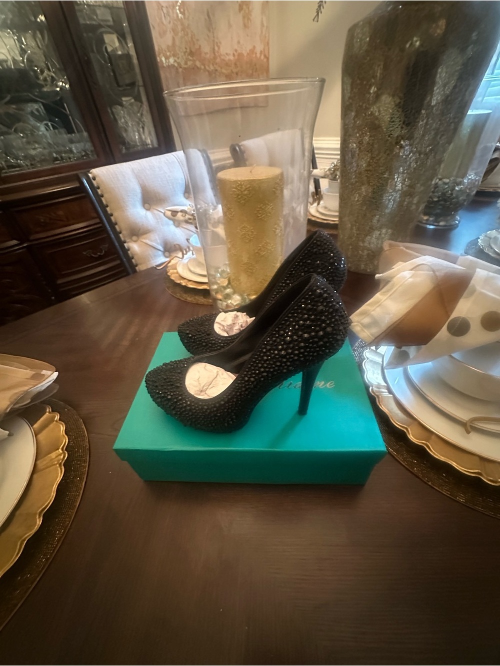 Slightly Worn Size 8 Lauren Lorraine Black Crystal-Embellished Pointed-Toe Heels